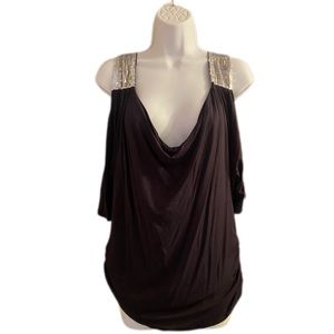 Magic Fit Drape Neck Cold Shoulder Sequin Strap Top, Size Large